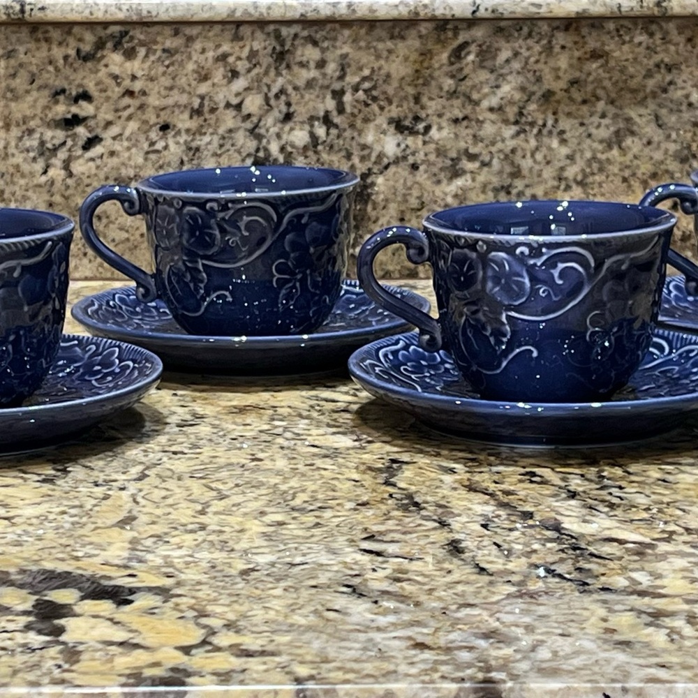 Bordallo Pinheiro cobalt embossed majolica leaves cups and saucers.